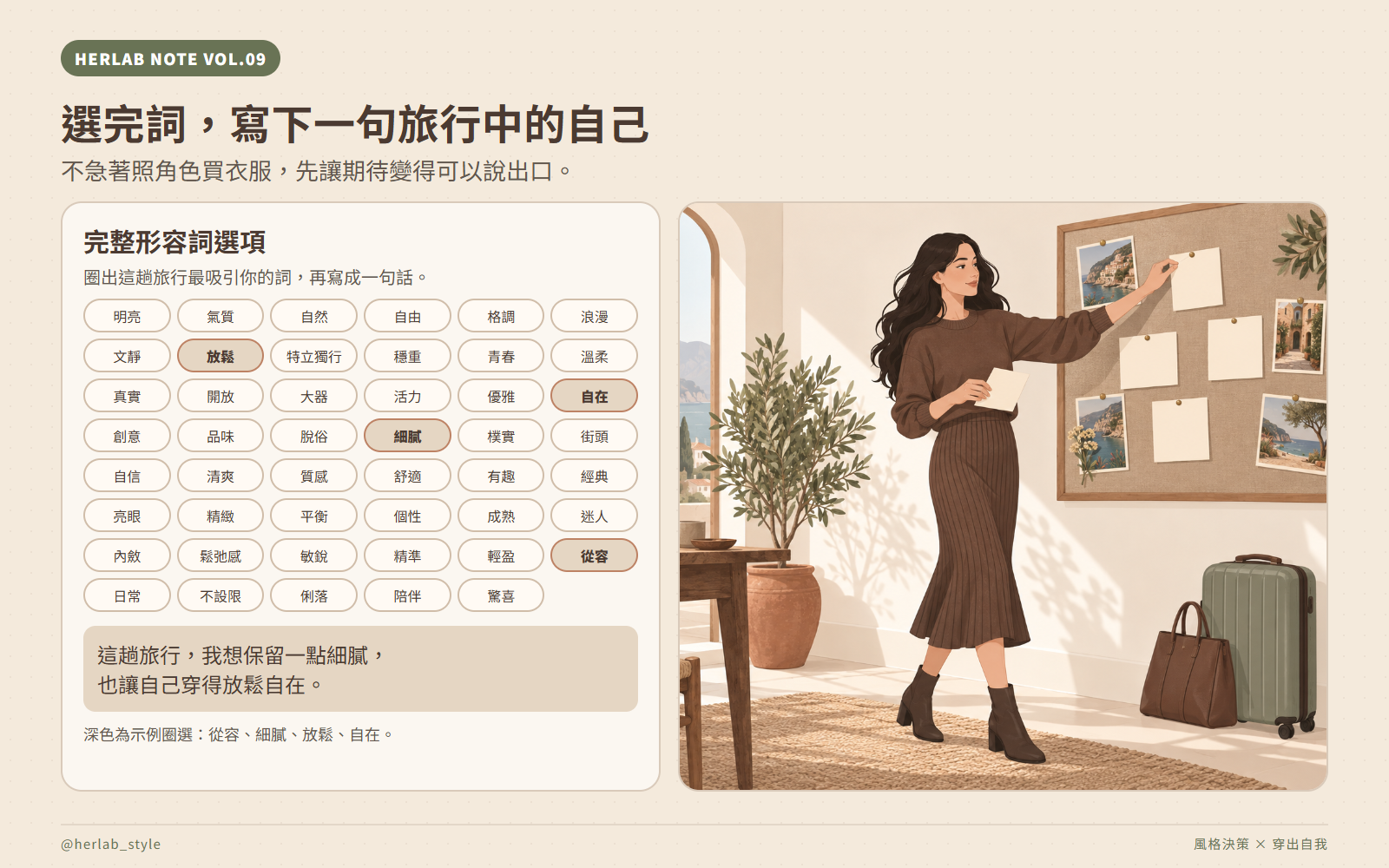 完整形容詞選項與旅行形象描述示例