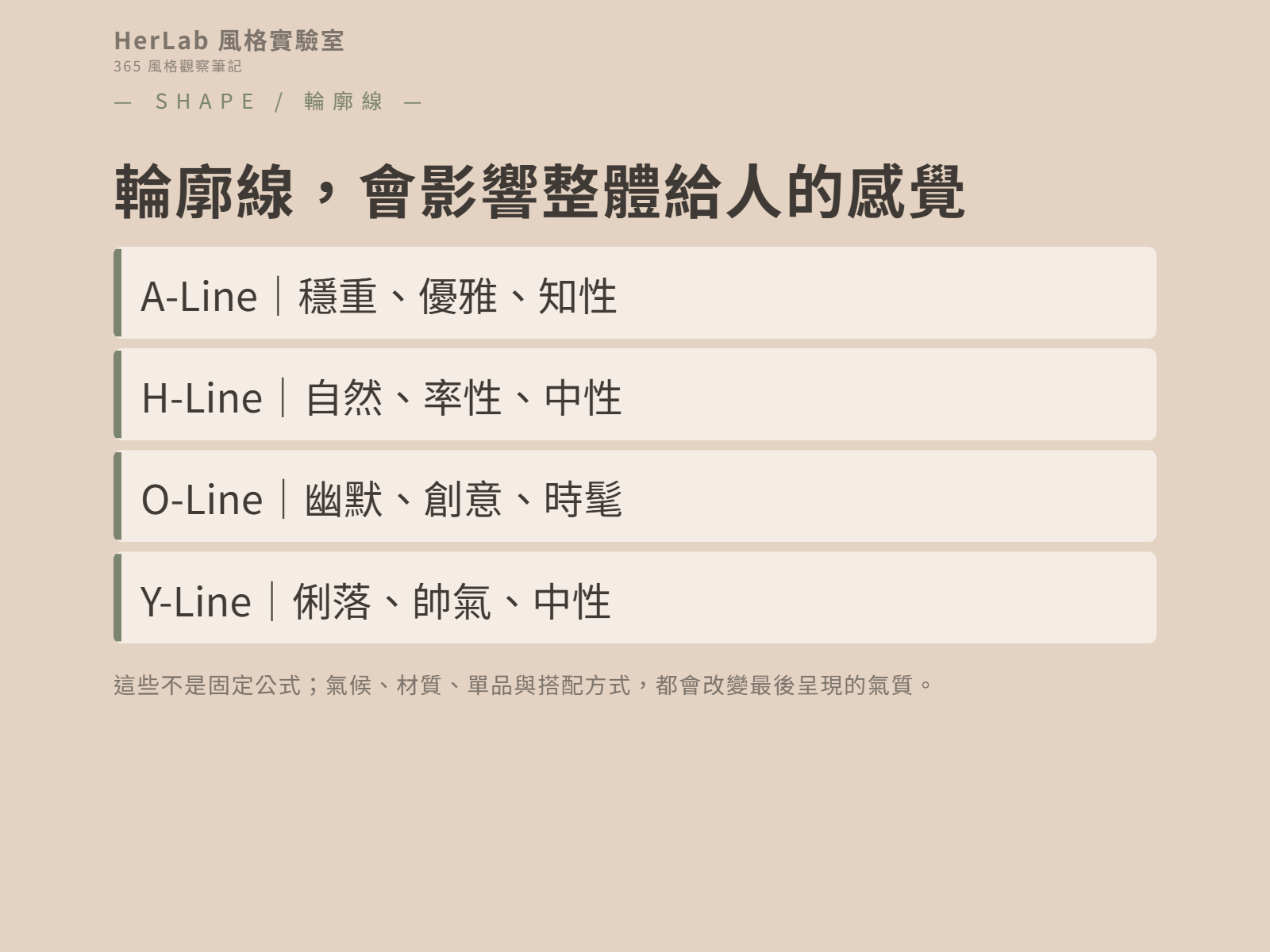 輪廓線給人的感覺:A-Line 穩重優雅、H-Line 自然率性、O-Line 創意時髦、Y-Line 俐落帥氣