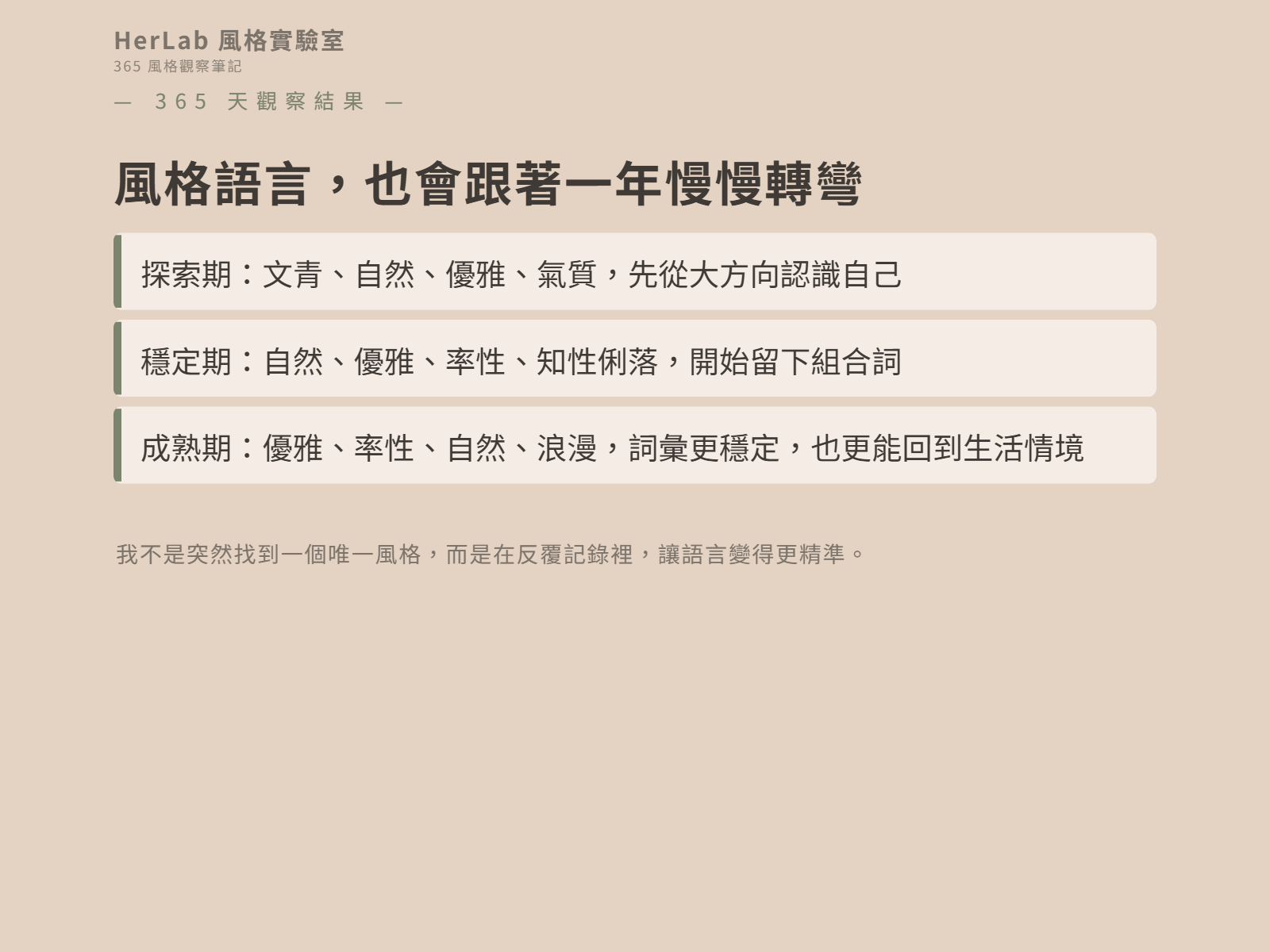 365 天風格語言三階段:探索期文青自然,穩定期率性知性,成熟期優雅浪漫
