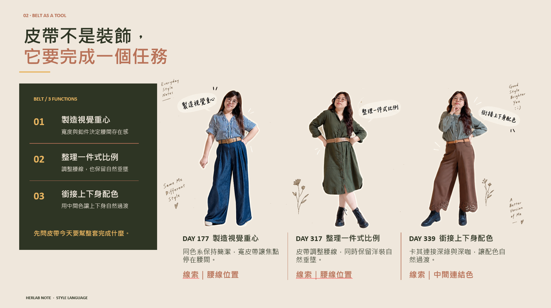 皮帶的三個任務:製造視覺重心、整理一件式比例、銜接上下身配色,以 Day 177、317、339 三套穿搭示範