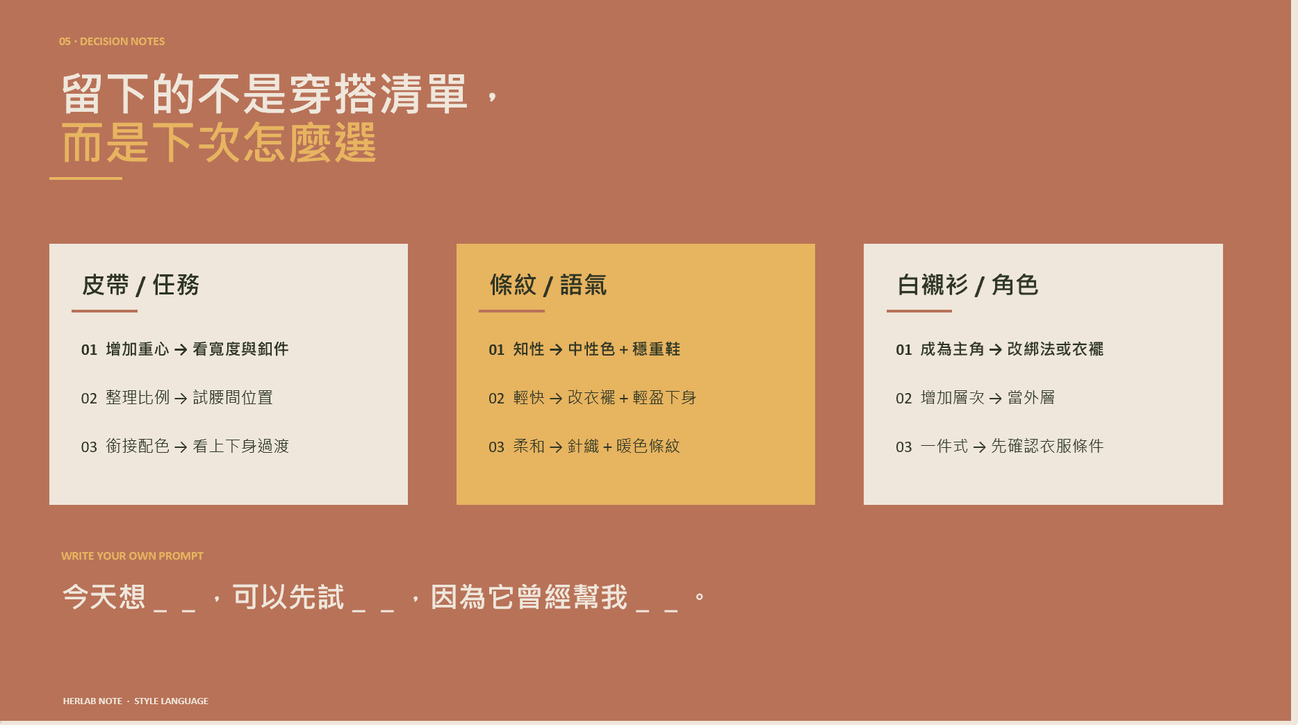 決策筆記:皮帶看任務、條紋看語氣、白襯衫看角色,各自對應三個具體的判斷方式